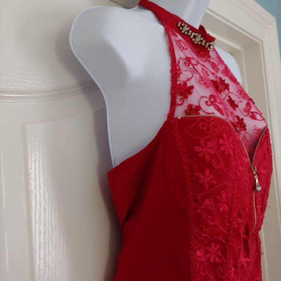 Lydia Red Crystal Beaded Lacy  Halter Top Large - Picture 6 of 10
